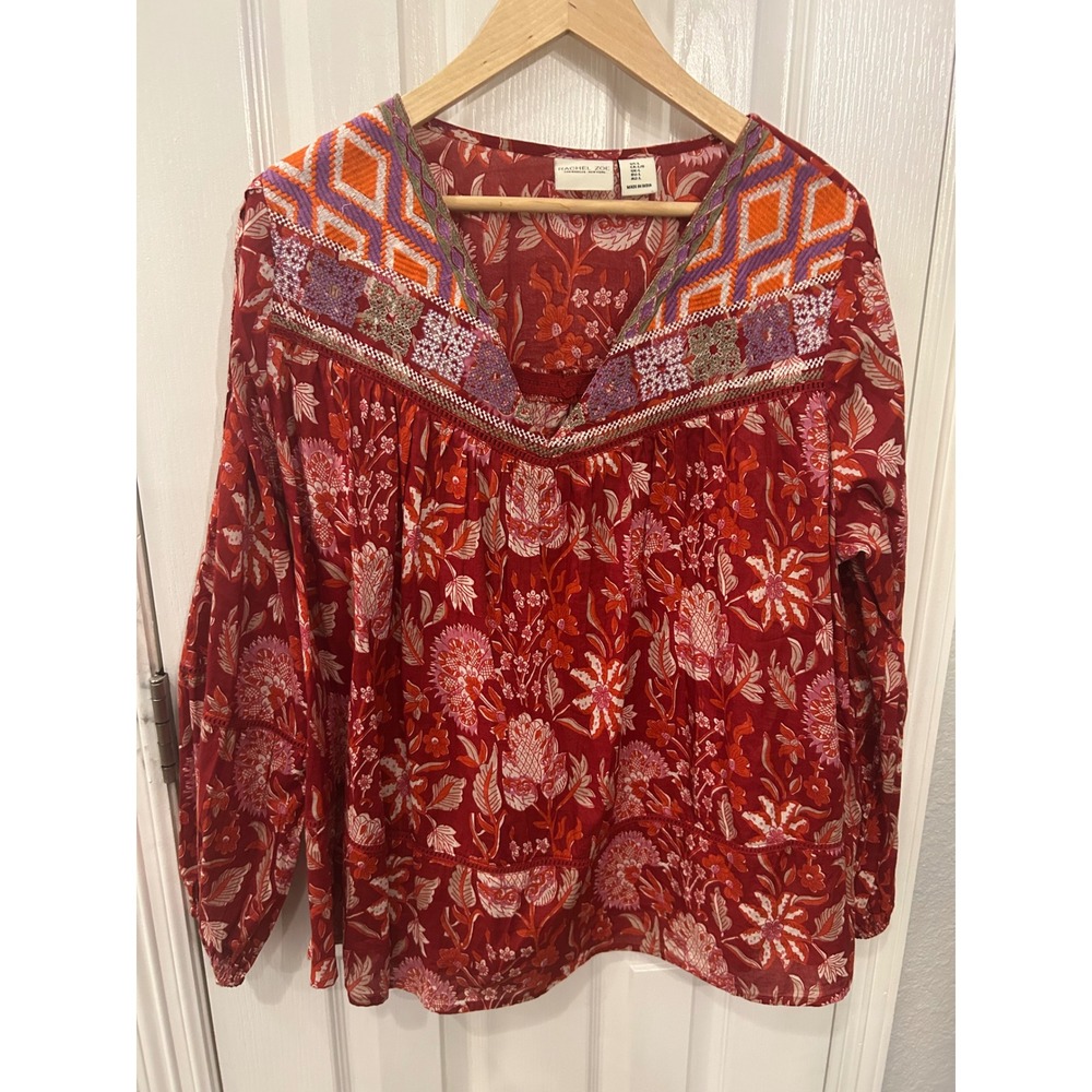 Rachel Zoe Peasant Blouse Red Floral Embroidered V-Neck Boho Top L